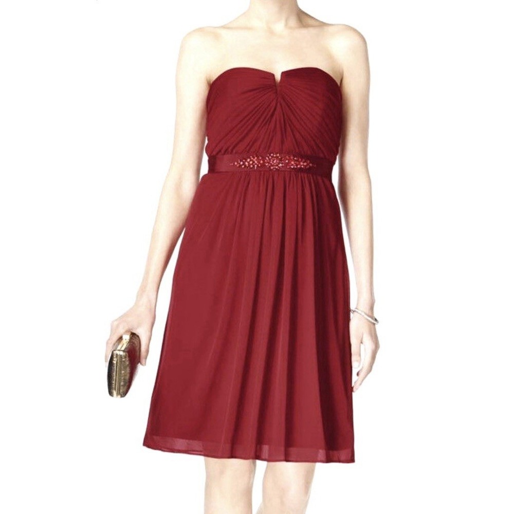 ADRIANNA‎ PAPELL Romantic Flowy Red Ruched Coquette Sweetheart Cocktail Dress 12